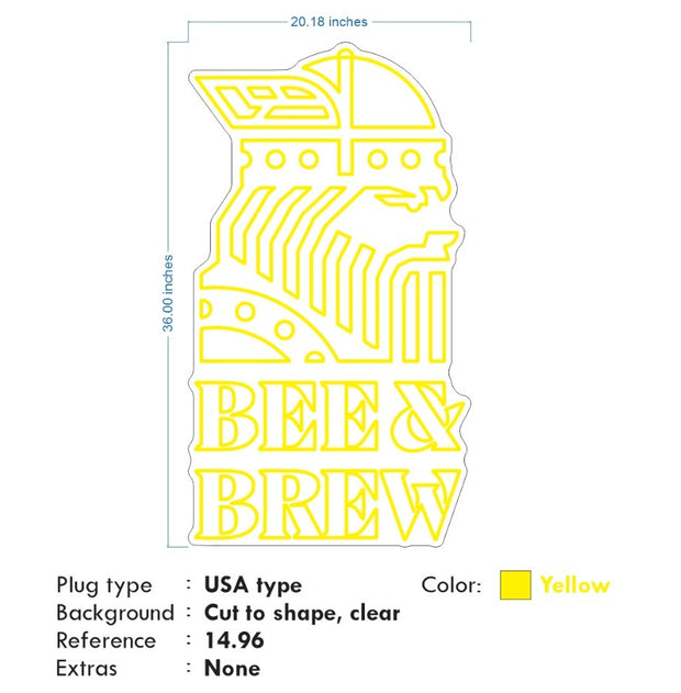 Custom Neon -  BEE & BREW - YELLOW - Size: 36x 20inch  - indoor Sign