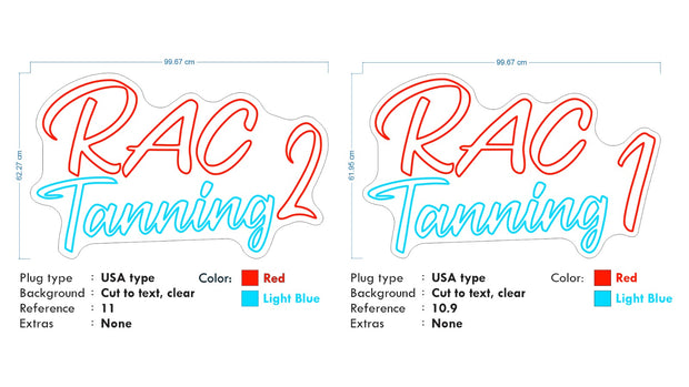 Custom Neon -  RAC TANNING  -RED and Light Blue  - 99cm x 62cm - Remote dimmer and Delivery