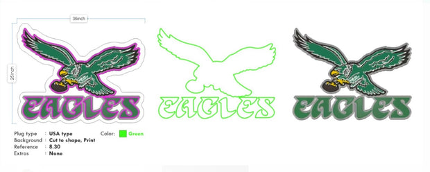 Custom Neon -  EAGLES + Print on Acrylic of logo - Green - 36 x 25inch - INDOOR  - Remote dimmer and Delivery