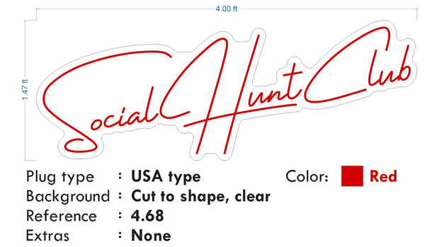 Custom Neon -  Social Hunt Club - RED - 4ft x 1.47ft  - INDOOR  - Remote dimmer and Delivery