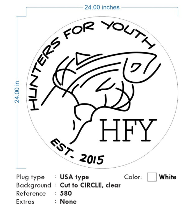 Custom Neon - Hunters for Youth - White Neon - 24 x 24inch - indoor Signs - 2yrs Warranty
