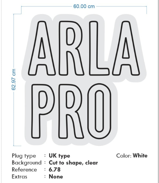 Custom Neon -  ARLA PRO - Cool White LED - Clear Acrylic - 620mm x 600mm  - INDOOR - Remote dimmer and Delivery (2yrs Warranty)