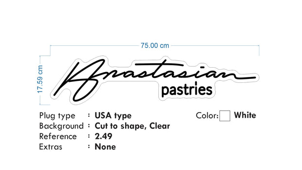 Custom Neon - Anastasian Pastries - Size: 75cm x 18cm -  White Neon - INDOOR  - Remote dimmer and Delivery (2 years Warranty)