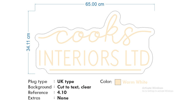 Custom Neon - Cooks Interiors ltd - Size: 65cm x 34cm -  Warm White Neon - INDOOR  - Remote dimmer and Delivery (2 years Warranty)