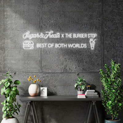 Custom Neon Logo -Sweet Treats X The Burger Stop - 130x29cm- white | Indoor - Clear backing - Dimmer and control