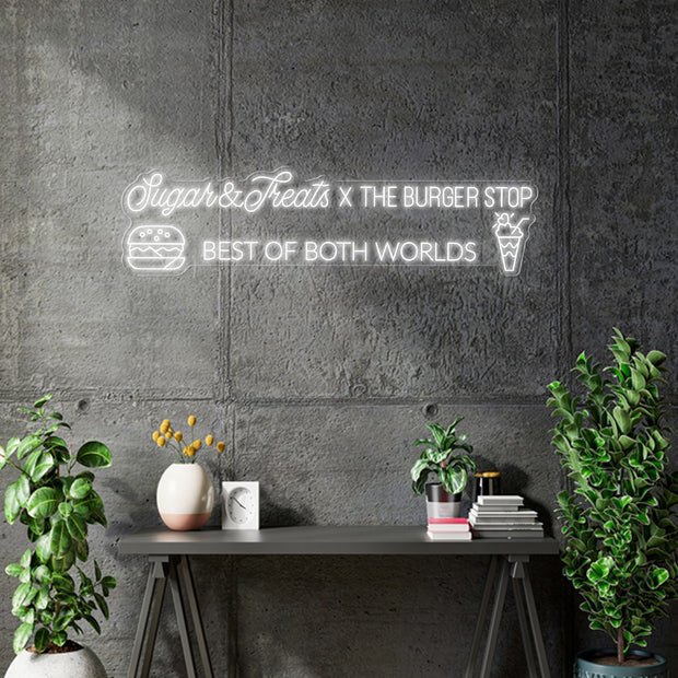 Custom Neon Logo -Sweet Treats X The Burger Stop - 130x29cm- white | Indoor - Clear backing - Dimmer and control