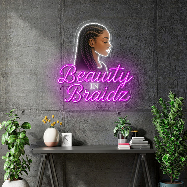 Custom Neon  -  Beauty in Braidz  -  Pink and White - Size: 32inch x 29inch  - indoor Sign (2yrs Warranty)