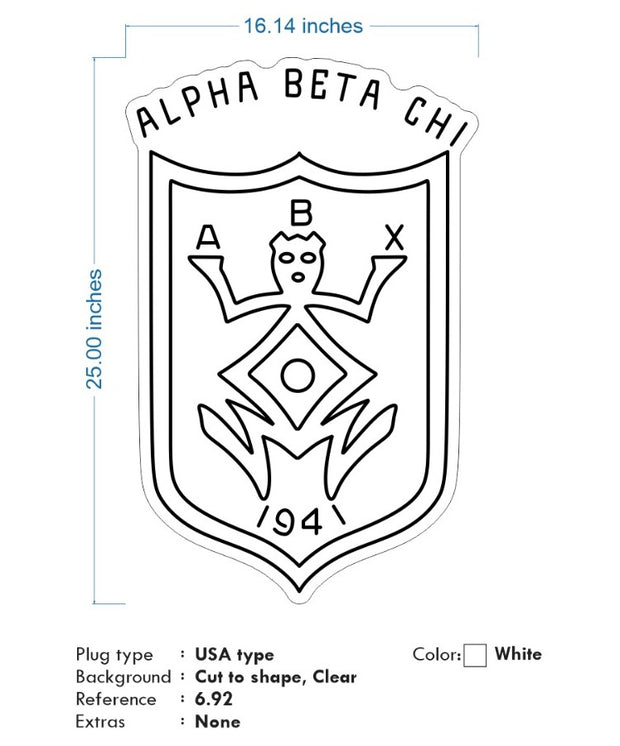 Custom Neon  -  ALPHA BETA CHI - White - Size: 25 x 16inch  - indoor Sign (2yrs Warranty)