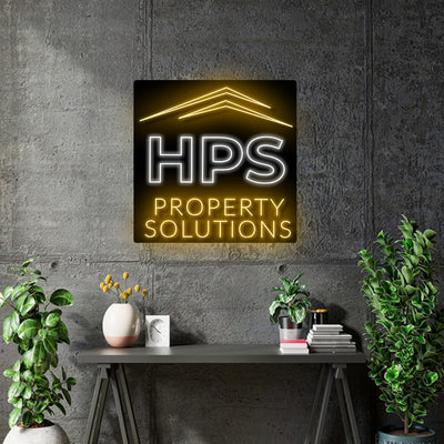 Custom Neon  -  HPS Logo  - Glossy Black Acrylic - White and Golden Neon - Size: 60cm x 60cm  - indoor Sign (2yrs Warranty)