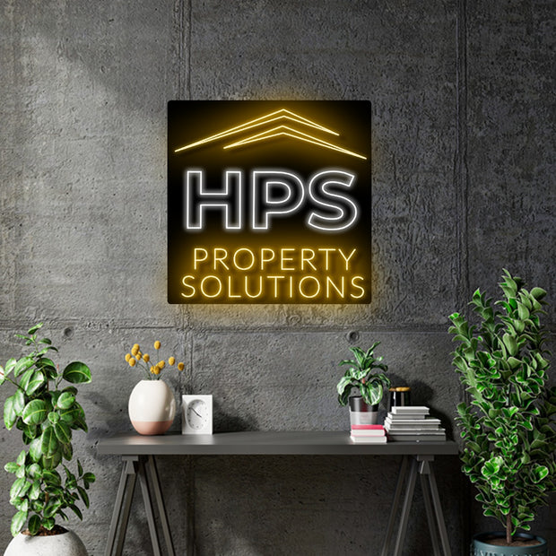 Custom Neon  -  HPS Logo  - Glossy Black Acrylic - White and Golden Neon - Size: 60cm x 60cm  - indoor Sign (2yrs Warranty)