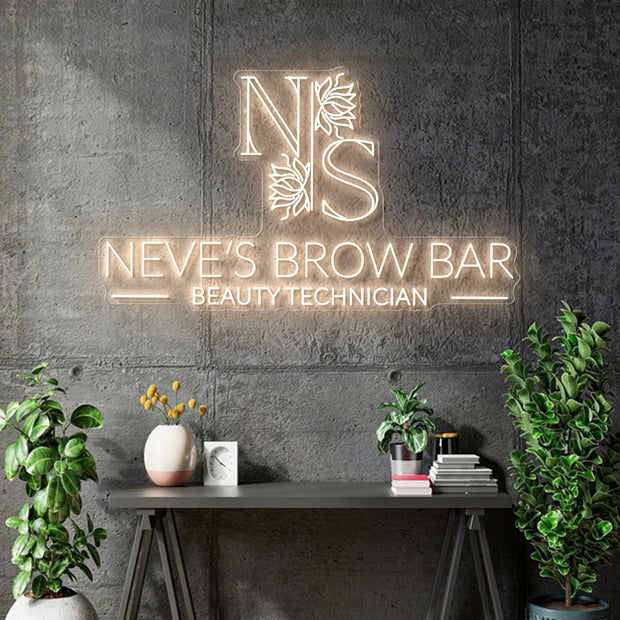 Custom neon - NEVE'S BROW BAR -   100cm x 57cm  - Warm White  - incl Shipping and 2yrs Warranty
