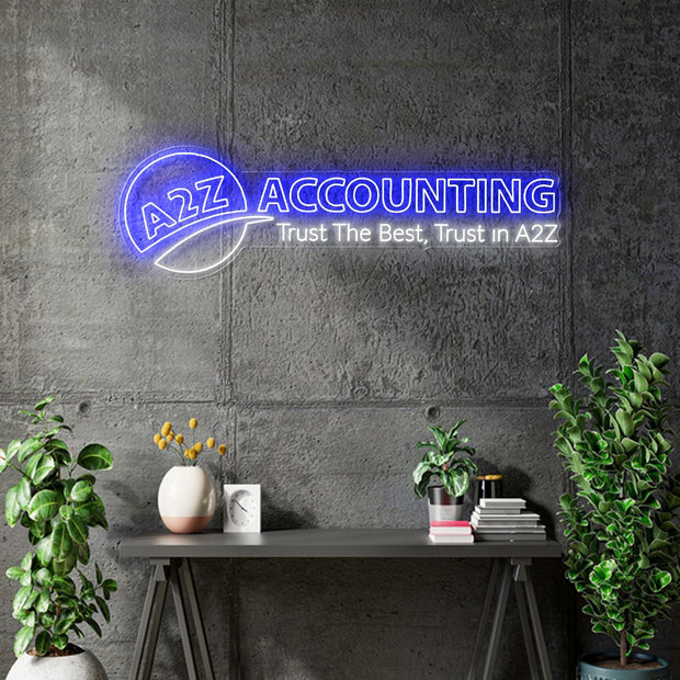 Custom neon -  A2Z Accounting Circle Logo and Full Logos -3 Units of - Full Logo 90cm x 27cm  1 Unit of - Full Logo 70cm x 21cm  2 Units of : Circle logo 40cm x 33cm  Blue and White  - incl Shipping and 2yrs Warranty