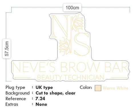 Custom neon - NEVE'S BROW BAR -   100cm x 57cm  - Warm White  - incl Shipping and 2yrs Warranty