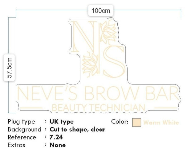 Custom neon - NEVE'S BROW BAR -   100cm x 57cm  - Warm White  - incl Shipping and 2yrs Warranty