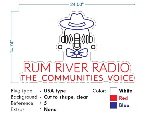 Custom neon -  RUM RIVER RADIO- Size: 24 x 14inch - Red, Blue and White - incl Shipping and 2yrs Warranty