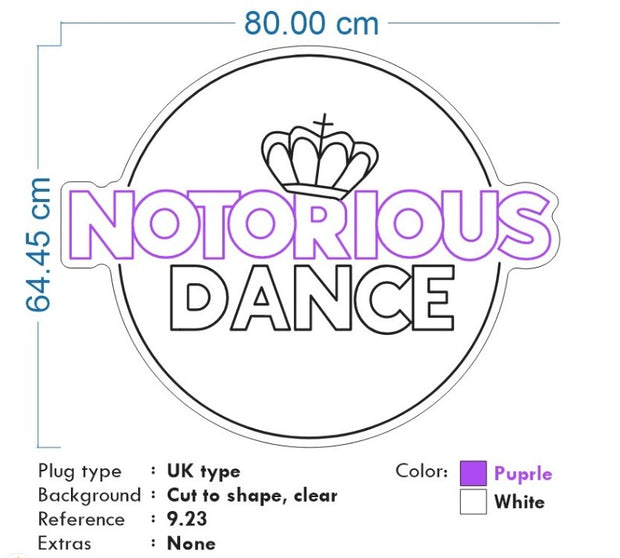 Custom neon - NOTORIOUS DANCE  - Size: 80cm x 64cm  - Purple and White -  incl Shipping and 2yrs Warranty