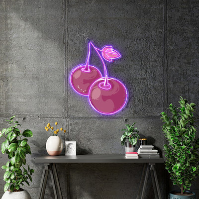 Custom neon -  Cherries - 100cm x 70cm - Purple + UV PRINT -  incl Shipping and 2yrs Warranty