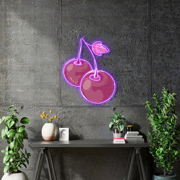Custom neon -  Cherries - 100cm x 70cm - Purple + UV PRINT -  incl Shipping and 2yrs Warranty