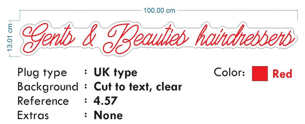 Custom neon -  Gents and Beauties Hairdressers - Size: 100 x 13cm  - Red -  incl Shipping and 2yrs Warranty