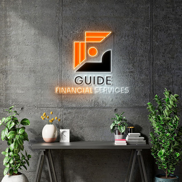 Custom neon | 2 units * Guide Financial Services -  Size: 110cm x 92cm - UV Print and Orange and White neon -  incl Delivery, and 2yrs Warranty