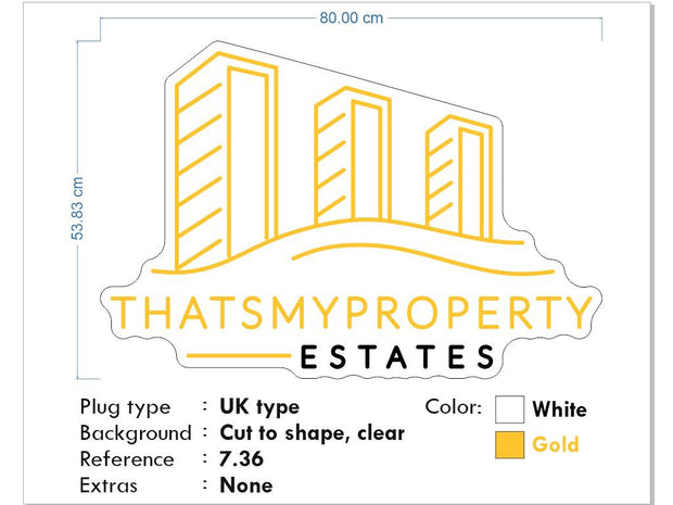 Custom Neon - Thatsmyproperty Estates Logo - White and Gold - 80cm x 53cm - dimmer and delivery