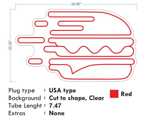 Custom Neon - Burger - RED color - 34x20inch  - dimmer and delivery