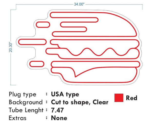 Custom Neon - Burger - RED color - 34x20inch  - dimmer and delivery