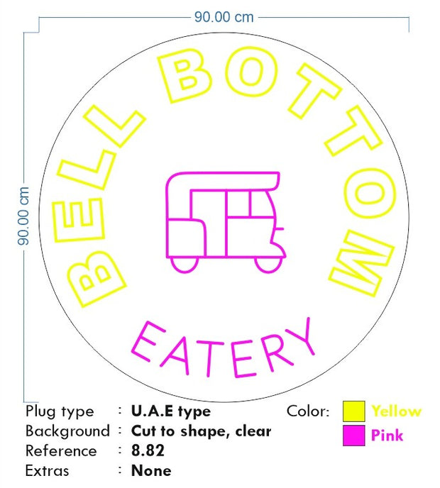 Custom neon - Bottom Bell Eatery - Pink and Yellow - 90 x 90cm  - incl Shipping and 2yrs Warranty