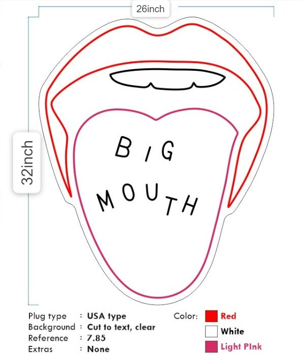 Custom neon for Brooke -  BIG MOUTH  - 32" x 26" - incl Shipping and 2yrs Warranty