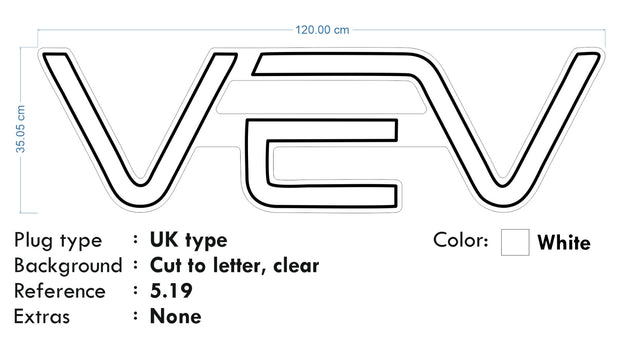 Custom Neon - VEV  l sign -  White Neon - Size: 120 x 36cm  - indoor Signs