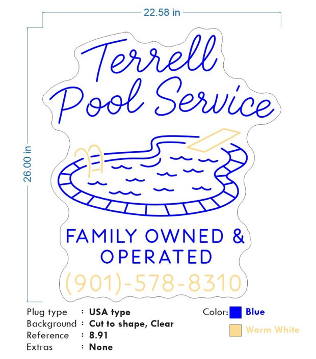 Custom Neon  - TERRELL POOL SERVICE -  Blue and Warm White - Size: 26inch x 22inch (smallest size) - indoor Sign (2yrs Warranty)