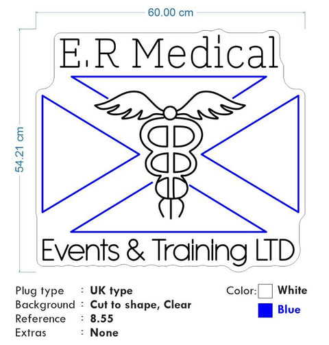 Custom Neon  - E.R Medical Events and Training Ltd - Light White and blue - Size: 60cm x 54cm  - indoor Sign (2yrs Warranty)