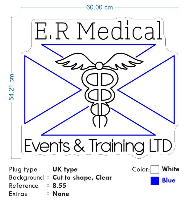 Custom Neon  - E.R Medical Events and Training Ltd - Light White and blue - Size: 60cm x 54cm  - indoor Sign (2yrs Warranty)