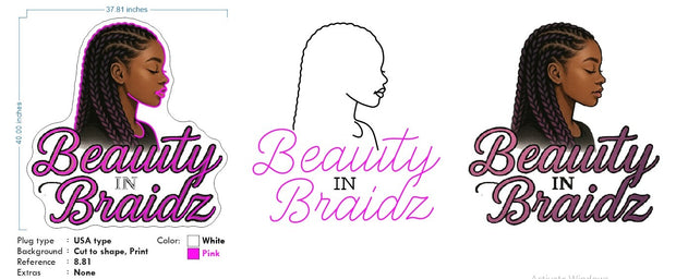 Custom Neon  -  Beauty in Braidz  -  Pink and White - Size: 32inch x 29inch  - indoor Sign (2yrs Warranty)