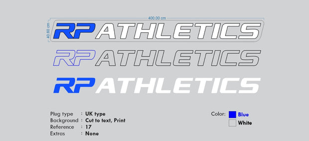 Custom neon - RP Athletics  - 400cm x 40cm (split cut)-  White and Blue - incl Shipping and 2yrs Warranty