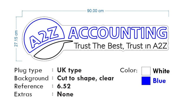 Custom neon -  A2Z Accounting Circle Logo and Full Logos -3 Units of - Full Logo 90cm x 27cm  1 Unit of - Full Logo 70cm x 21cm  2 Units of : Circle logo 40cm x 33cm  Blue and White  - incl Shipping and 2yrs Warranty
