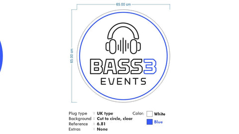 Custom neon - BASS3 Events -  65cm - White, Blue neon  -  incl Shipping and 2yrs Warranty