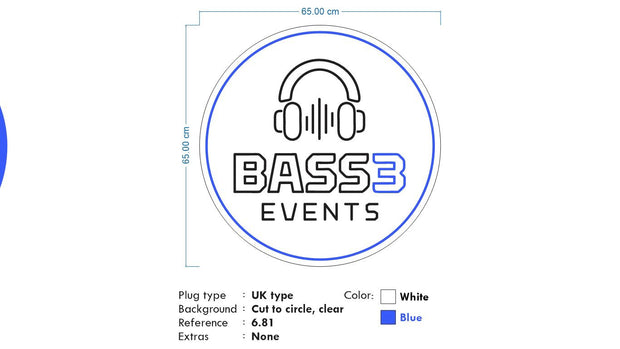 Custom neon - BASS3 Events -  65cm - White, Blue neon  -  incl Shipping and 2yrs Warranty