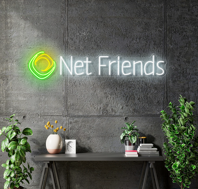 Custom Neon  -  Net Friends - GREEN and White and Gold - Size: 5ft (60" x 14")  - indoor Sign (2yrs Warranty)