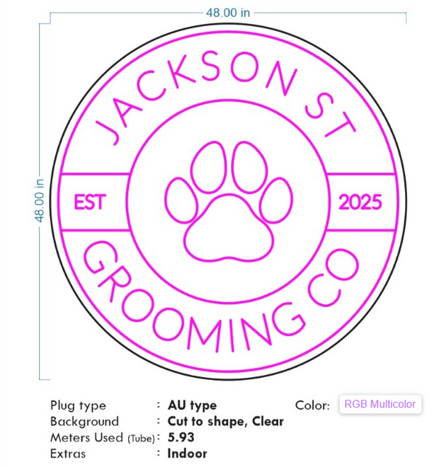 Custom Neon -  JACKSON ST - GROOMING CO - RGB Multicolor - Size: 48inch x 48inch  - indoor Sign (2yrs Warranty)