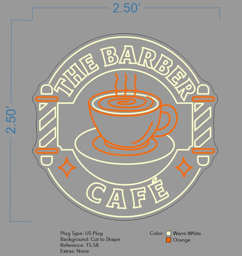 Custom neon | The Barber Cafe -  Size: 2.5 x 2.5ft - Warm White & Orange -  incl Delivery, and 2yrs Warranty