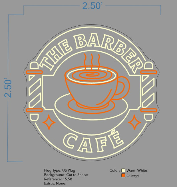 Custom neon | The Barber Cafe -  Size: 2.5 x 2.5ft - Warm White & Orange -  incl Delivery, and 2yrs Warranty